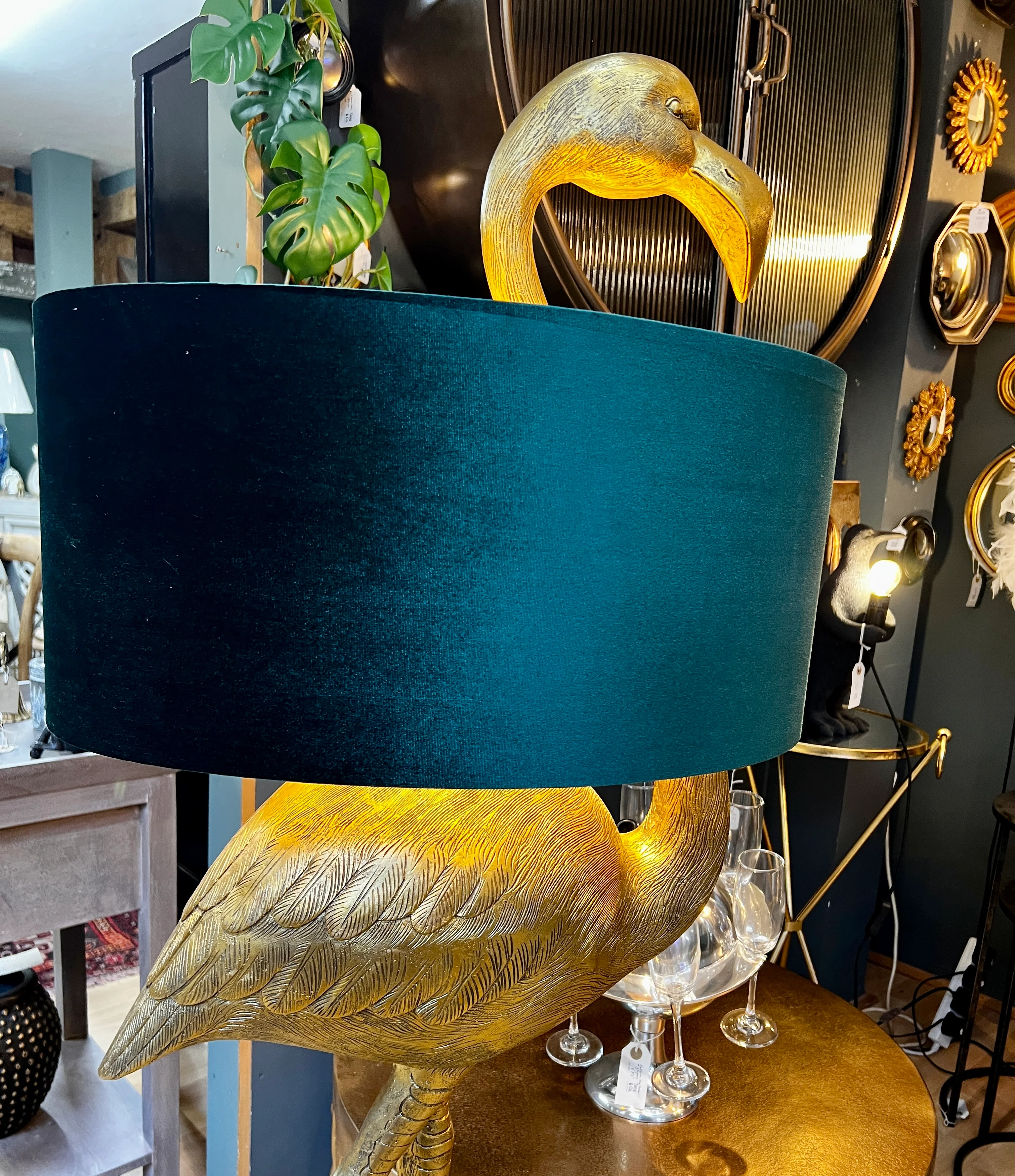 Antique Gold Flamingo Floor Lamp with Green Velvet Shade  - Back In Stock - Image 2