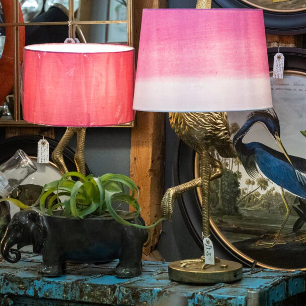 Antique Gold Flamingo Table Lamp with Pink & White Shade - Image 2