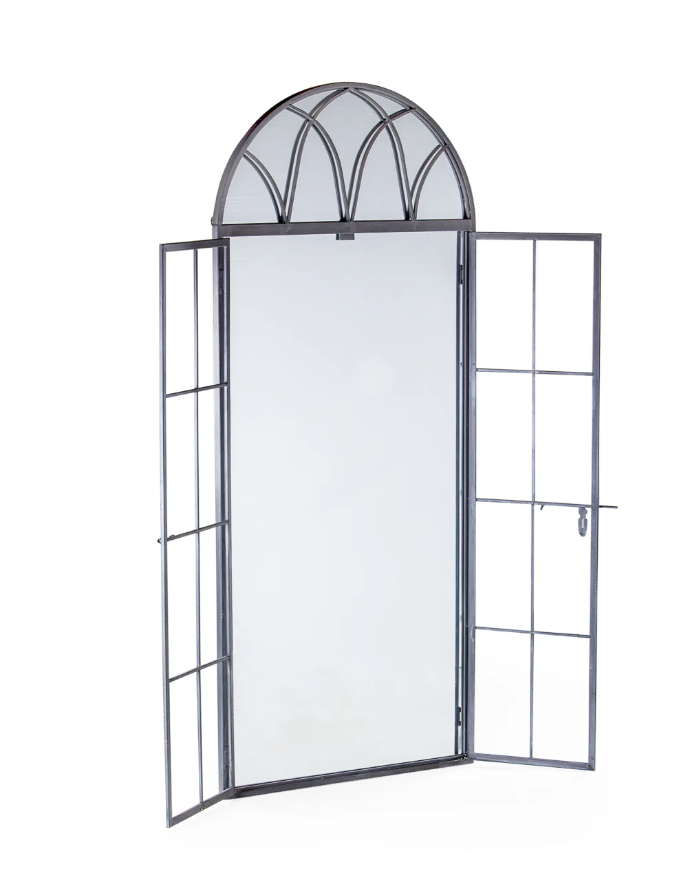 Antiqued Lead Grey Iron Tall Arch Window Metal Mirror - Image 2