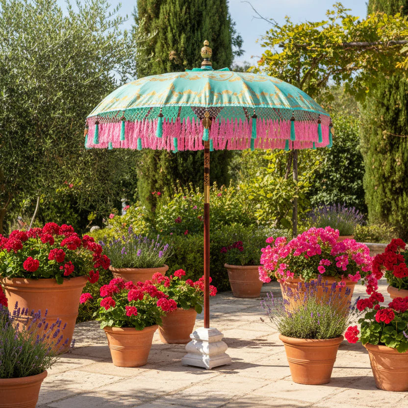 Bali Sun Parasol - Large Mint with Green or Pink Tassels - Image 3
