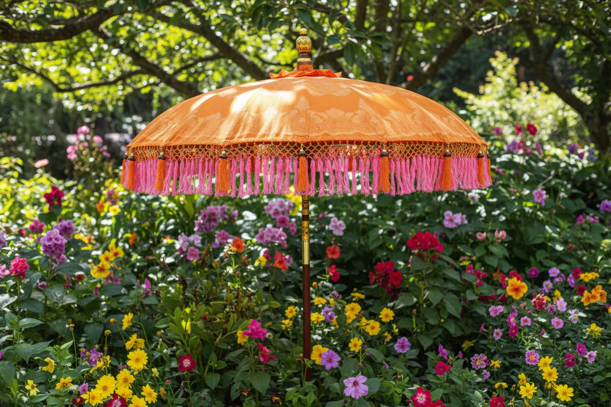 Bali Sun Parasol - Large Orange / Gold with orange or Pink Tassles - Image 4
