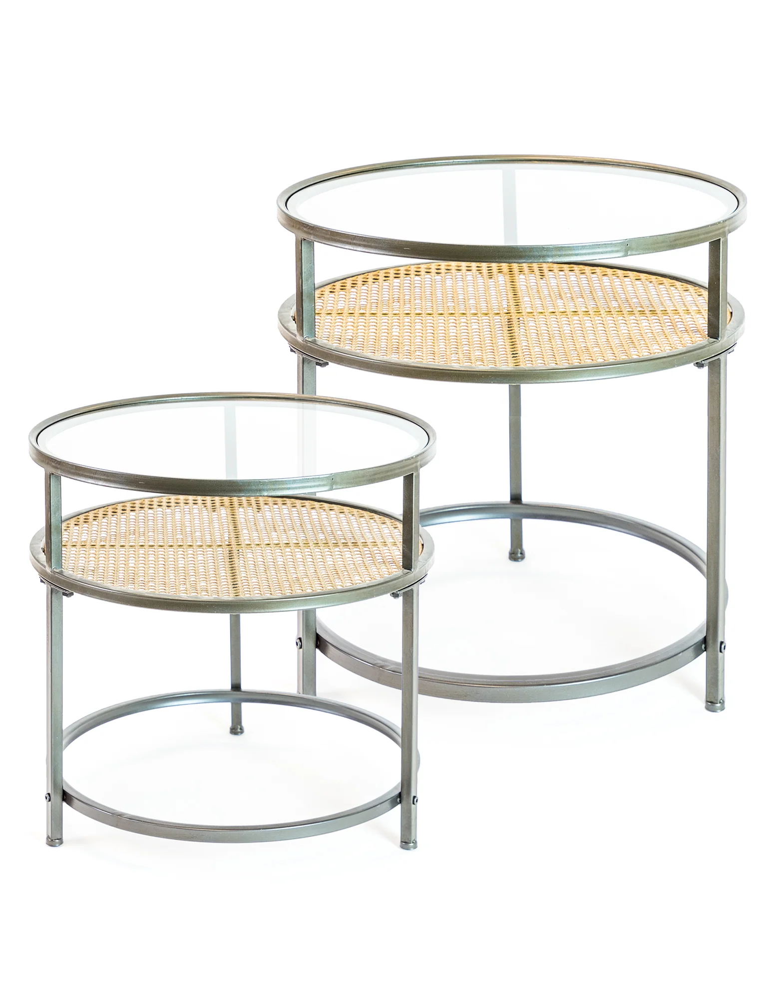 Iron, Glass and Rustic Metal Rattan Set of 2 Round Side Tables