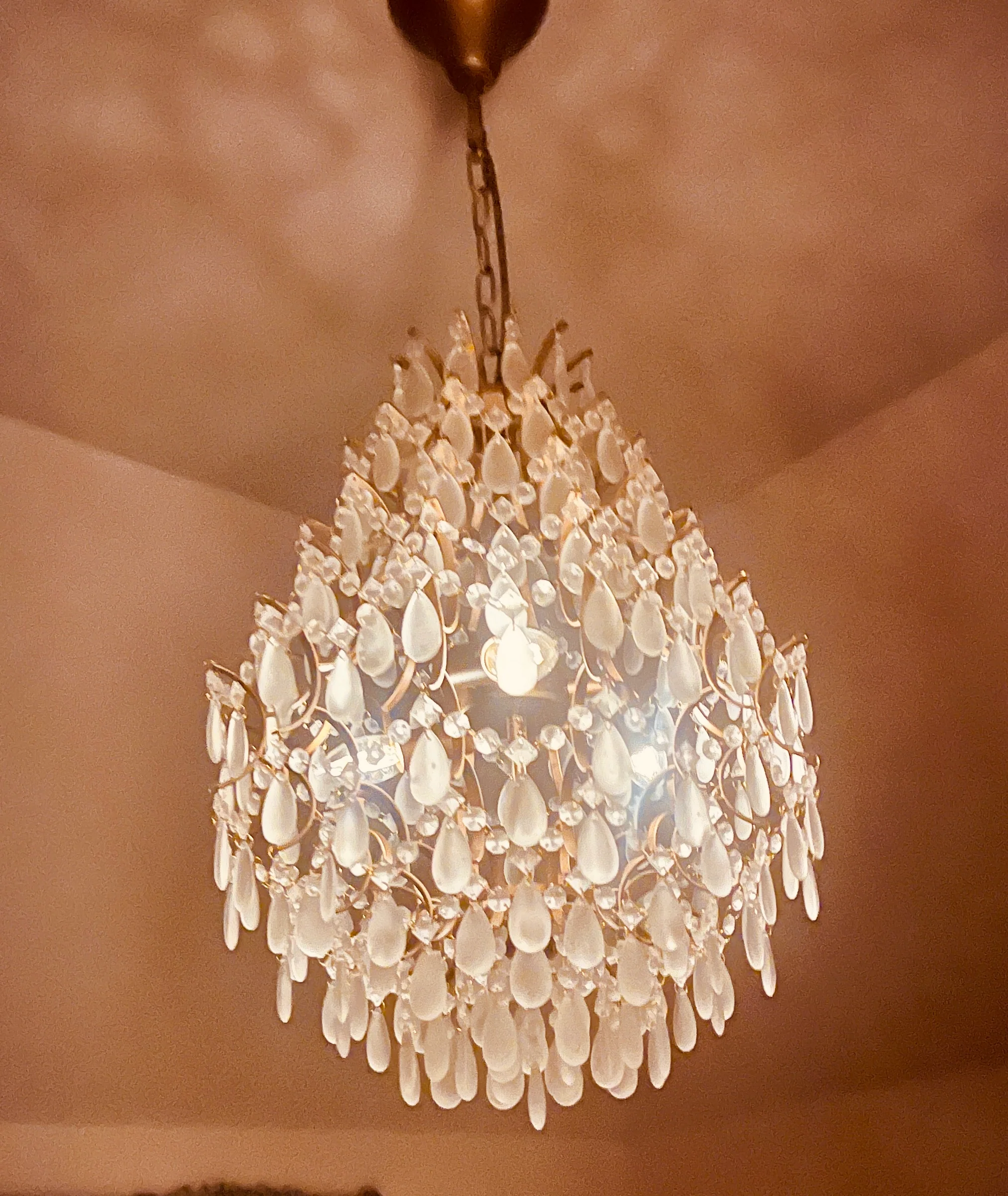 Antiqued Gold Multi Teardrop Chandelier - Frosted Crystals