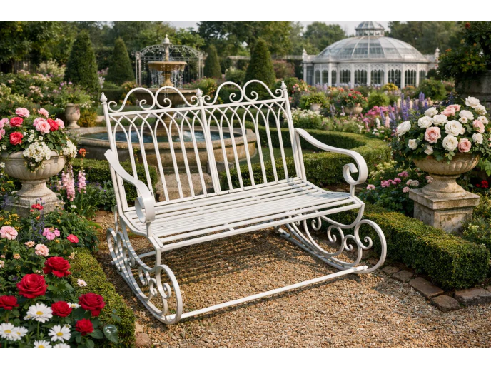 Outdoor Cream Metal Rocking Bench