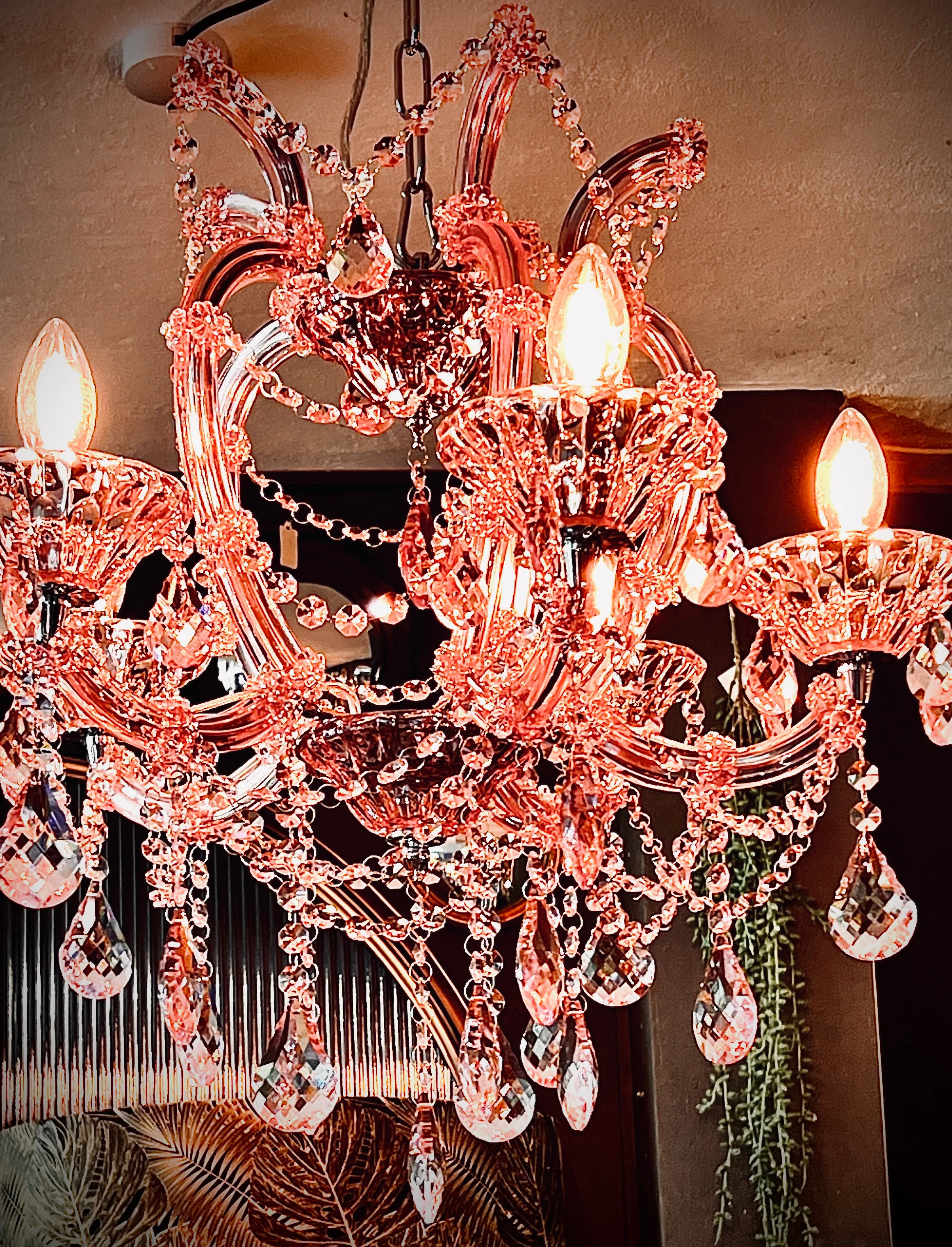 Five Branch Murano Chandelier - available in Pink, Aqua blue and Amber