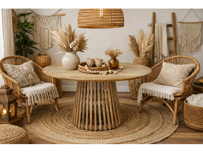 Round, slated base dining table