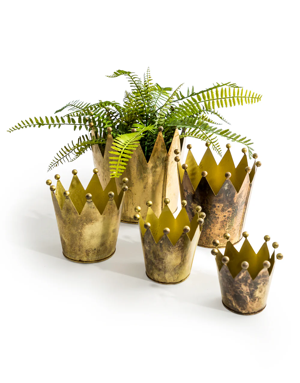 Set of 5 Antique Gold Metal Crown Planters - Image 2